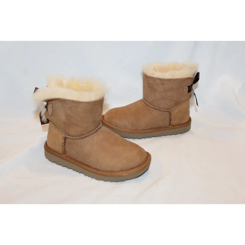 UGG TODDLER CHESTNUT SZ 11 MINI BAILEY BOW SUEDE SHEARLING LINED BOOTS‎ NEW